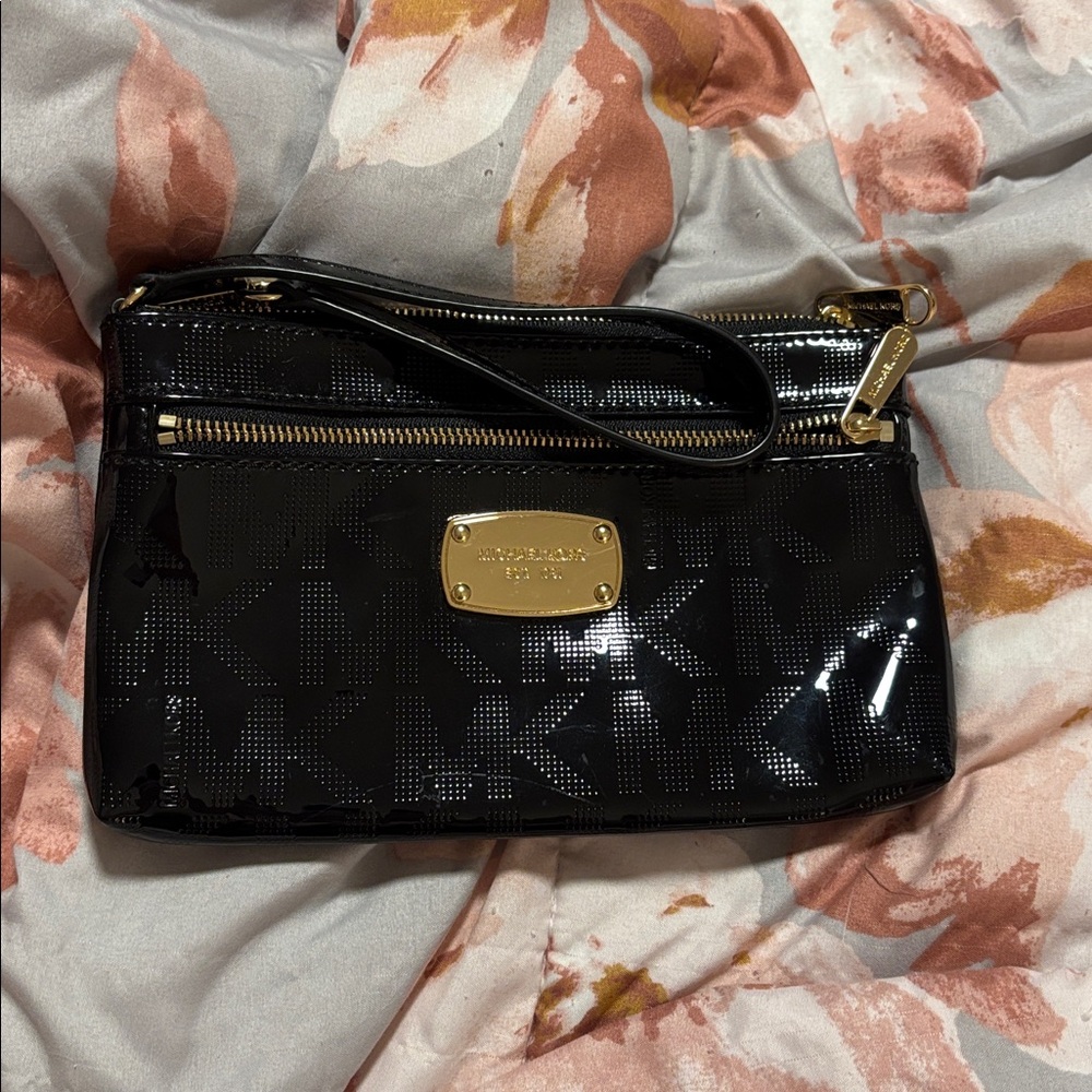 Michael Kors Black Patent Leather Wristlet with Gold Details